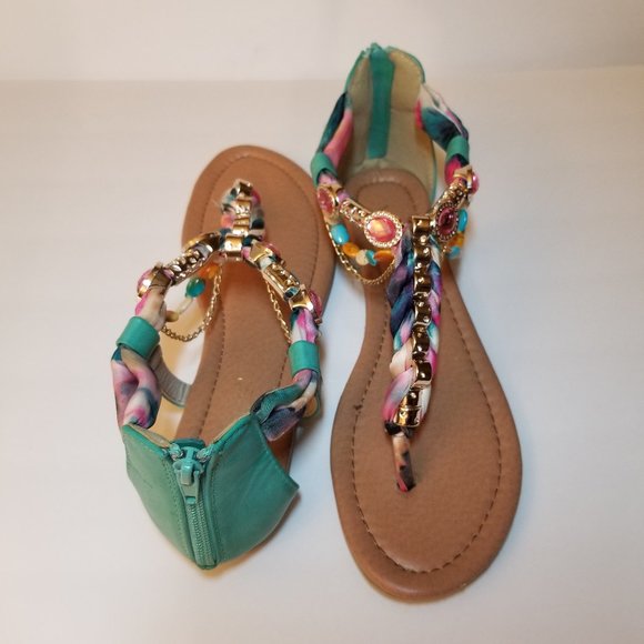 Venus Turquoise Jeweled Thong Sandals - Picture 1 of 16